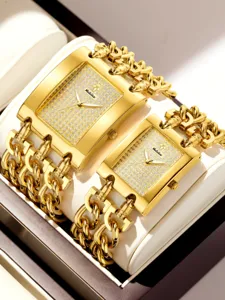 Yalalusi Luxus quadratisch Strass Zifferblatt Doppel Kette Quarz Uhr Damen Mode Stil