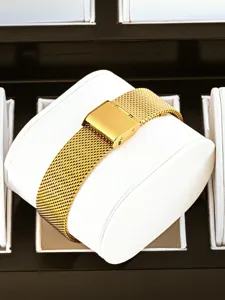 Gold mesh watch strap with secure metal clasp, elegant replacement band for women quartz watches.