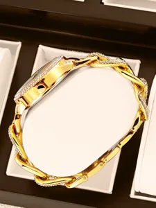 Reloj de cuarzo mujer oro con correa cadena retorcida con diamantes lujo moda chic