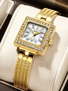 Gold square women watch with sparkling rhinestones, Roman numerals dial, and chic mesh metal strap.