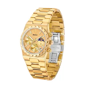 Men luxury quartz watch gold stainless steel wristwatch multi-functional moon phase dial
