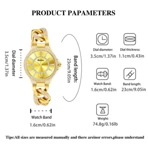Vista detallada del reloj de cuarzo dorado con pedrería mostrando las dimensiones y la esfera.