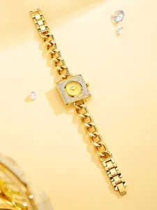 Reloj de cuarzo cuadrado con pedrería dorada para mujer con elegante correa de cadena