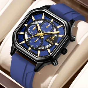 Reloj de cuarzo multifunción para hombre con esfera azul y correa de silicona flexible.