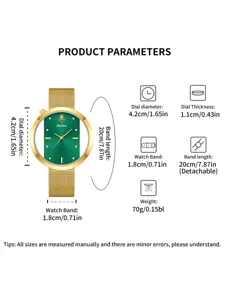 Detailed parameter diagram showcasing dial diameter, thickness, band length, and watch weight.