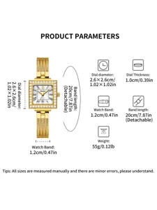 Yalalusi women luxury square quartz watch with gold stainless steel strap and diamond bezel.