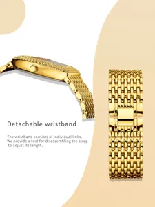 Gold tone tonneau quartz watch detail featuring crystal paved case and adjustable link strap.