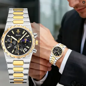 Detail view of men's luxury two-tone quartz watch featuring black chronograph dial.