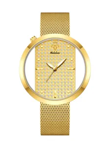 Gold quartz watch for women with mesh strap and sparkling rhinestone dial details.