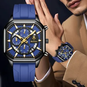 Reloj de cuarzo cuadrado de lujo para hombre con subesferas de cronógrafo y correa de silicona.