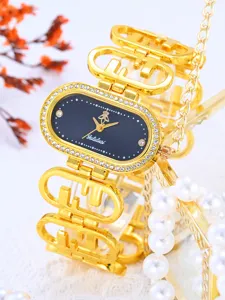 Gold-tone oval quartz watch with rhinestone bezel and unique geometric link strap.