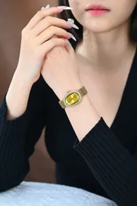 Elegante reloj de cuarzo dorado para mujer con esfera ovalada de strass y malla.