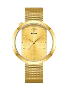 Yalalusi gold quartz watch for women featuring a unique cutout round dial and mesh metal strap.