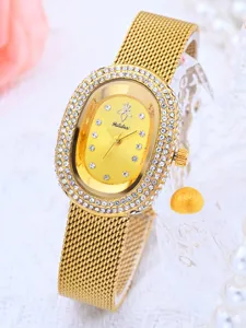 Reloj mujer lujo Yalalusi oro estrás con esfera ovalada y correa de acero en malla