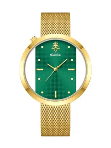 Close-up detail of the green textured dial, gold hands, and mesh strap on a luxury watch.