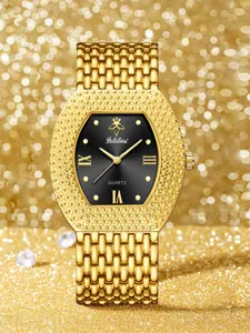 Luxury gold tonneau quartz watch for women with studded bezel, black dial and metal bracelet.
