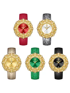 Luxury floral bezel women watch set featuring diverse colored dials and textured leather straps.