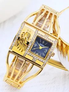 Yalalusi reloj pulsera brazalete dorado mujer, elegante diseño jaula diamantes imitación esfera.