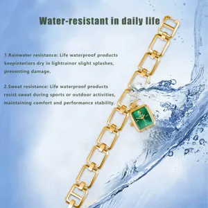 Reloj de mujer cuadrado dorado con esfera verde y colgante diseño resistente al agua diario.