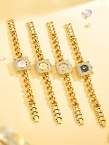 Reloj de cuarzo de lujo con esfera cuadrada, bisel de diamantes brillante y correa de cadena.