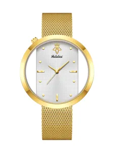 Gold quartz women watch with hollow geometric dial and mesh strap fashion accessory detail view