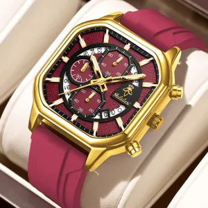 Reloj de cuarzo tonneau de lujo con correa de silicona roja y esfera cronógrafo multifunción.