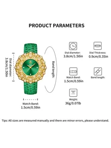 Yalalusi emerald dial women watch detail view showing 3.8cm dial and green leather band.