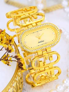 Luxury gold diamond oval women's watch with quartz movement and unique hollow chain.