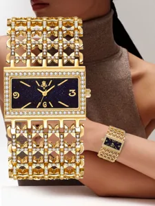 Luxus Damen Strass Quarzuhr in Gold mit blauem Glitzerzifferblatt und breitem Armband