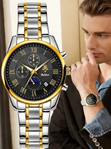 Luxus Herrenuhr Edelstahl Gold Silber Römische Ziffern Quarz Chronograph Armbanduhr