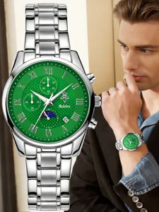 Herrenuhr mit gruenem Zifferblatt, Chronograph, Edelstahlarmband und roemischen Ziffern.