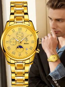 Detailansicht des luxuriösen goldenen Herrenuhren-Zifferblatts mit römischen Ziffern und Subdials.