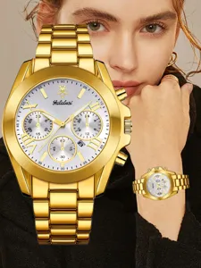 Détail de montre-bracelet dorée, montre de luxe élégante pour femme avec chiffres romains et cadrans.