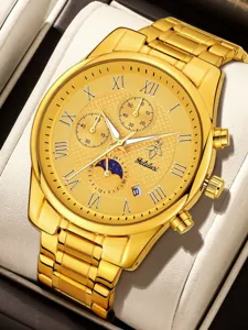 Luxuriöse goldene Herrenuhr mit römischen Ziffern und Chronographen-Zifferblättern.