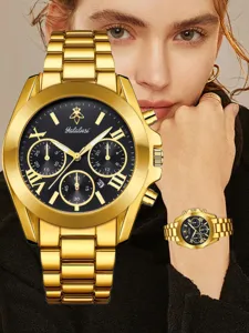 Vue détaillée de la superbe montre à quartz dorée avec cadran noir et chiffres romains.