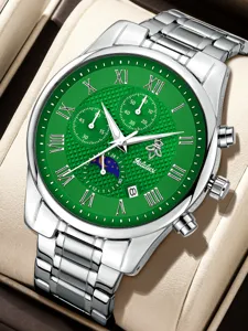 Luxus herren armbanduhr mit grünem zifferblatt römisches zifferblatt edelstahl chronograph.