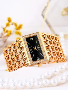 Luxus goldene rechteckige Quarz Damenarmbanduhr mit Sternenhimmel Zifferblatt Armband.