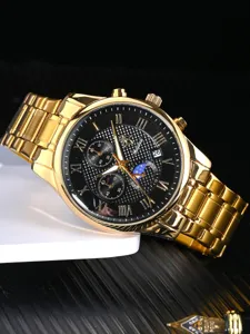 Yalalusi Luxus Gold Herrenuhr mit schwarzem Zifferblatt römischen Ziffern Chronograph.