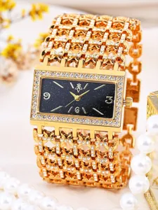 Luxus goldene breite Kettendiamant Quarzuhr für Damen mit blauem Zifferblatt und Perlen.
