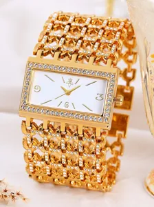 Luxus Gold Strass Quarzuhr mit breitem Gliederarmband und rechteckigem Zifferblatt Detail.
