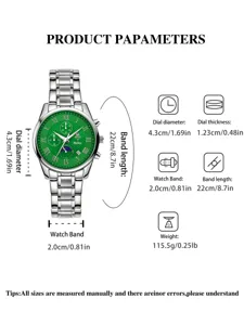 Yalalusi Herrenuhr mit gruenem Zifferblatt, 4.3cm Durchmesser und Metallarmband Detail.