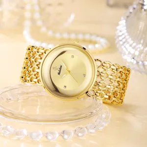 Yalalusi gold women watch vintage hollow strap quartz round dial fashion luxury timepiece