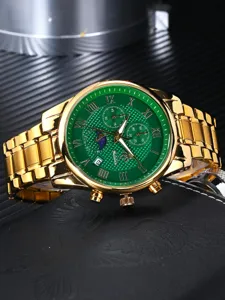 Luxus goldene Herrenuhr mit gruenem Zifferblatt roemischen Ziffern Chronograph Quarz Armbanduhr.