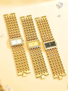 Luxus goldene Strass rechteckige Zifferblatt Quarzuhr mit filigranem Gliederarmband für Damen