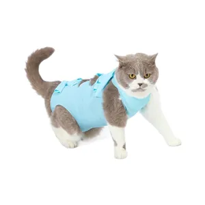 Breathable light blue cat recovery suit post surgery wear, anti licking pet physiological clothes.