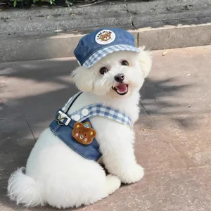 Lindo juego de arnés y sombrero de mezclilla para perros pequeños con parche de oso y cuadros.