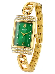 Women's luxury square quartz watch with green dial and gold rhinestone bracelet strap.