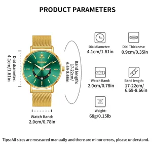 Reloj de cuarzo de lujo para mujer con esfera verde y correa de malla dorada, elegante y práctico.