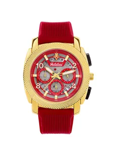 Men's stylish sports quartz watch featuring a gold textured case and vibrant red silicone strap.