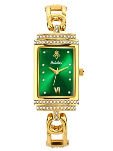 Detailed view of Galalusi luxury women quartz watch with green dial and sparkling rhinestones.